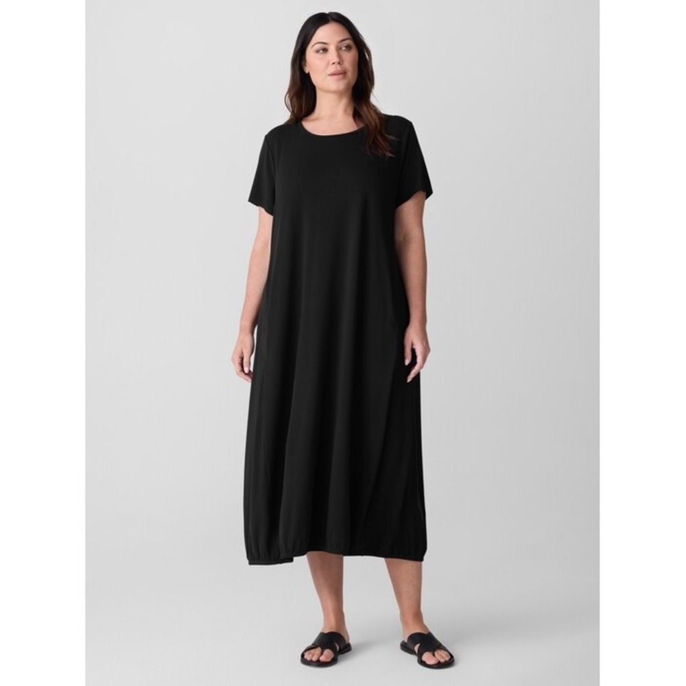 Eileen Fisher Womens 2X Lagenlook Lantern Dress Black Fine Jersey Tencel Midi